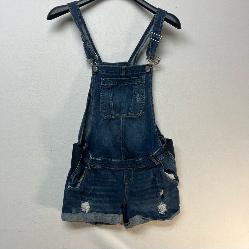 Indigo Dark Blue Distressed Denim Short Overalls